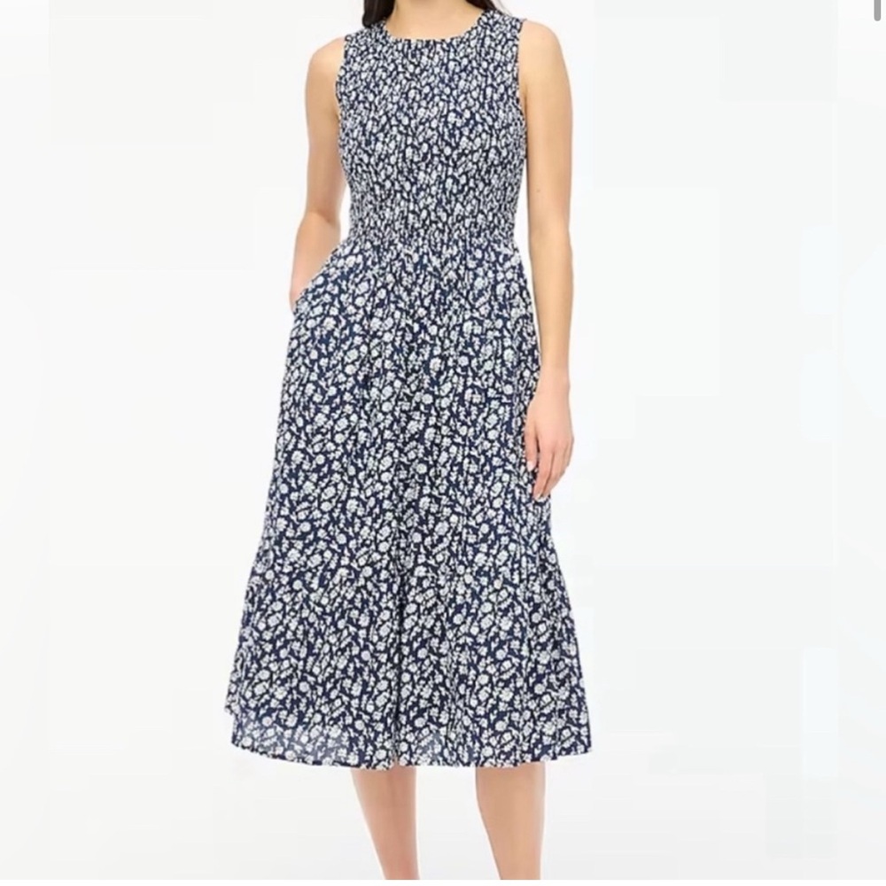 J. Crew Smocked Bodice Navy Floral Dress